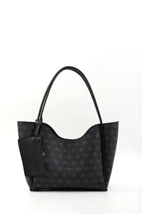 Close-up of detachable wallet and removable makeup bag inside the black faux leather purse.