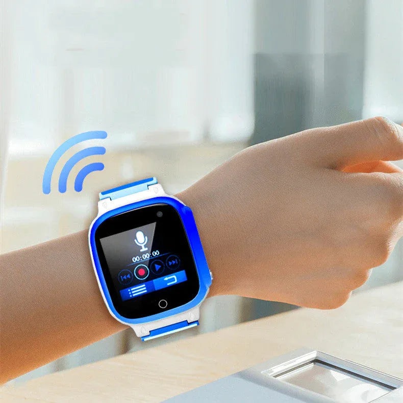 Kid's waterproof smart watch with colorful silicone strap and touchscreen display showing time.