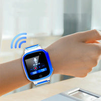 Kid's waterproof smart watch with colorful silicone strap and touchscreen display showing time.