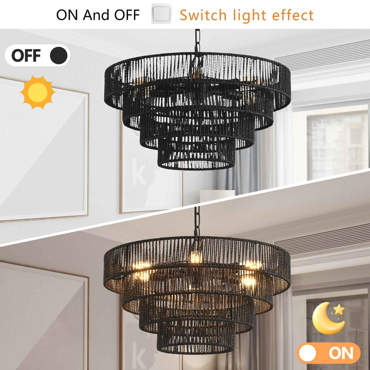 Rustic 4-Tier Black Hemp Rope Chandelier with 6 E12 Sockets, UL Listed