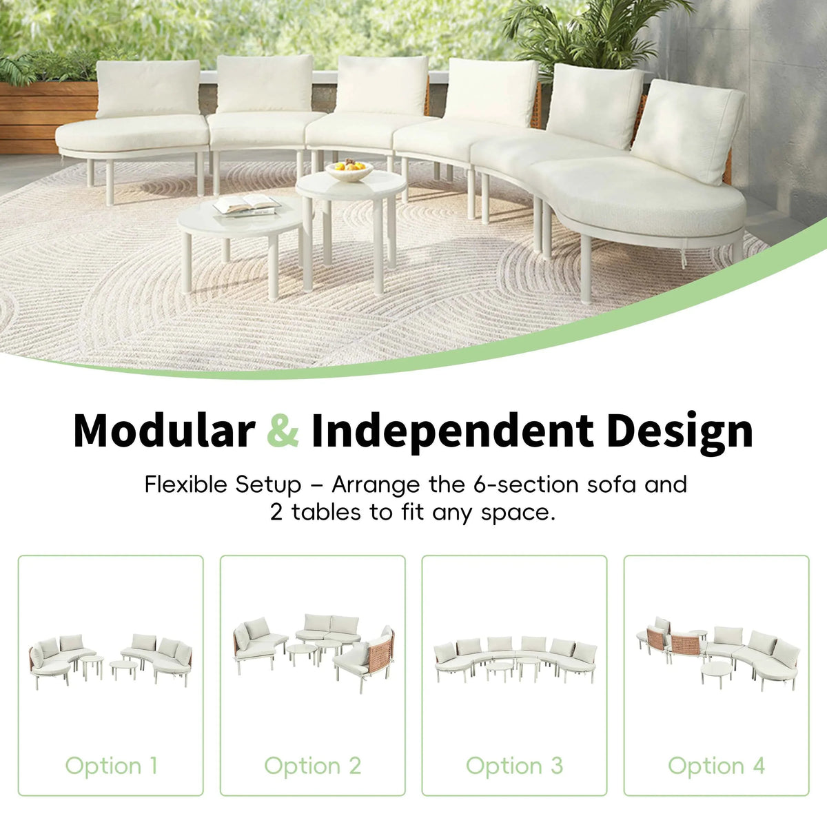 Close-up of beige rattan and aluminum frame sectional sofa cushions outdoors