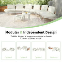 Close-up of beige rattan and aluminum frame sectional sofa cushions outdoors