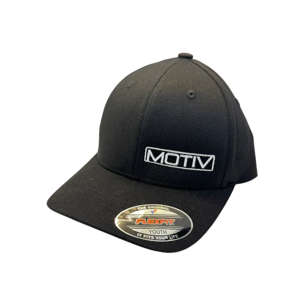 Youth size MOTIV FlexFit black hat with white embroidered logo, structured mid-profile and curved visor.
