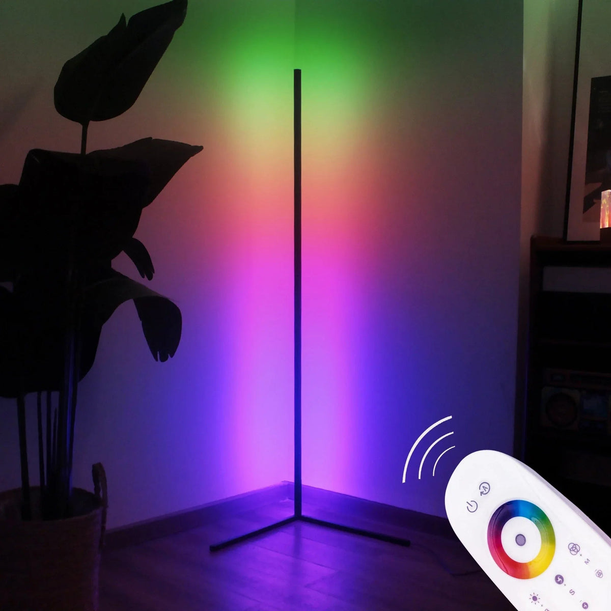 RGB LED corner floor lamp illuminated with soft, colorful light in a dim room setting.