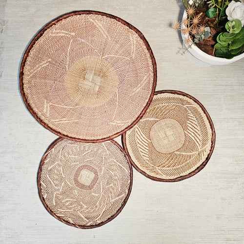 Set of 3 Handmade African Wall Baskets - Zimbabwe boho baskets displayed as wall art in small and large sizes