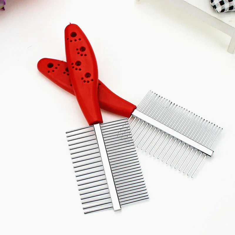 Red and blue double-row pet grooming combs with ergonomic plastic handles and stainless steel teeth