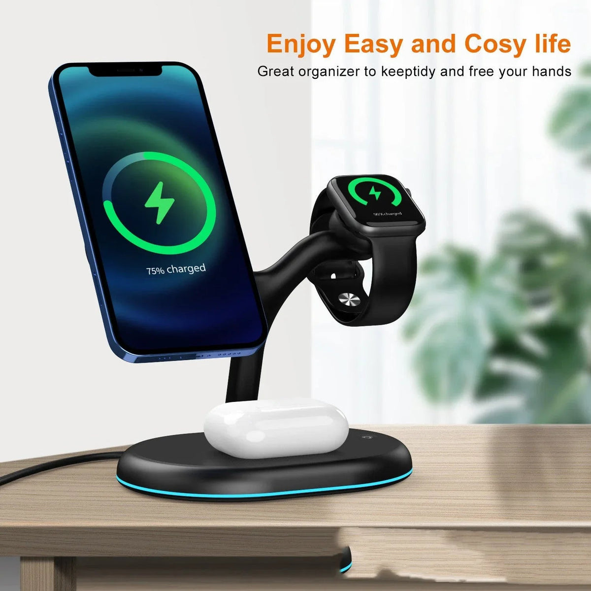 Black wireless charger with digital watch and wireless headset placed showing its multi-device charging capability.