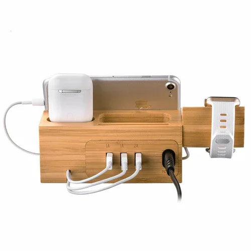 Multifunctional natural bamboo mobile phone holder displaying Apple accessories charging.