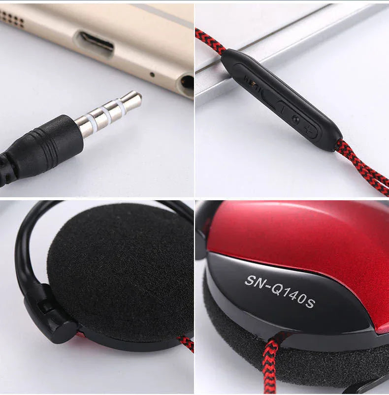 Ear hook headphones coiled neatly with visible 3.5mm plug and microphone.