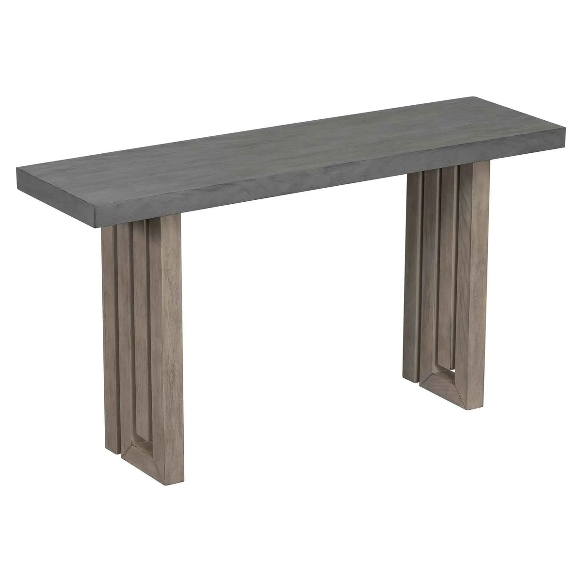 Console table showing the full length with distinctive flowing lines on the side panels in gray oak veneer.