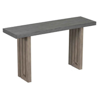 Console table showing the full length with distinctive flowing lines on the side panels in gray oak veneer.