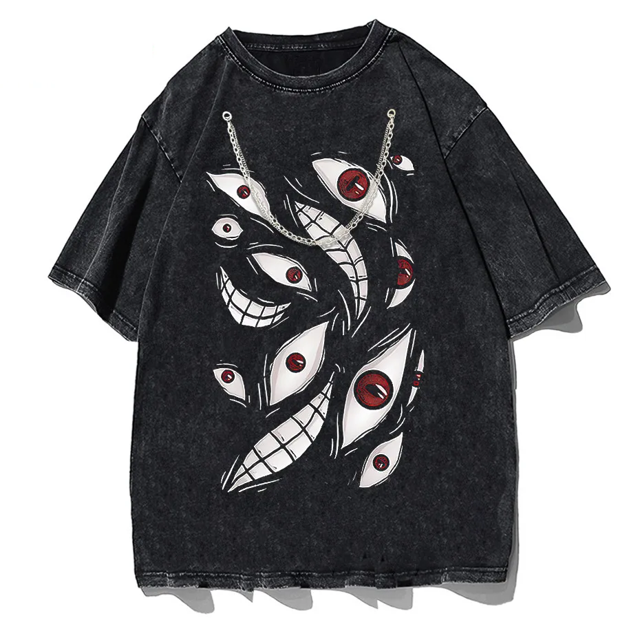 Model wearing white cotton t-shirt with anime eyes graphic in casual streetwear style