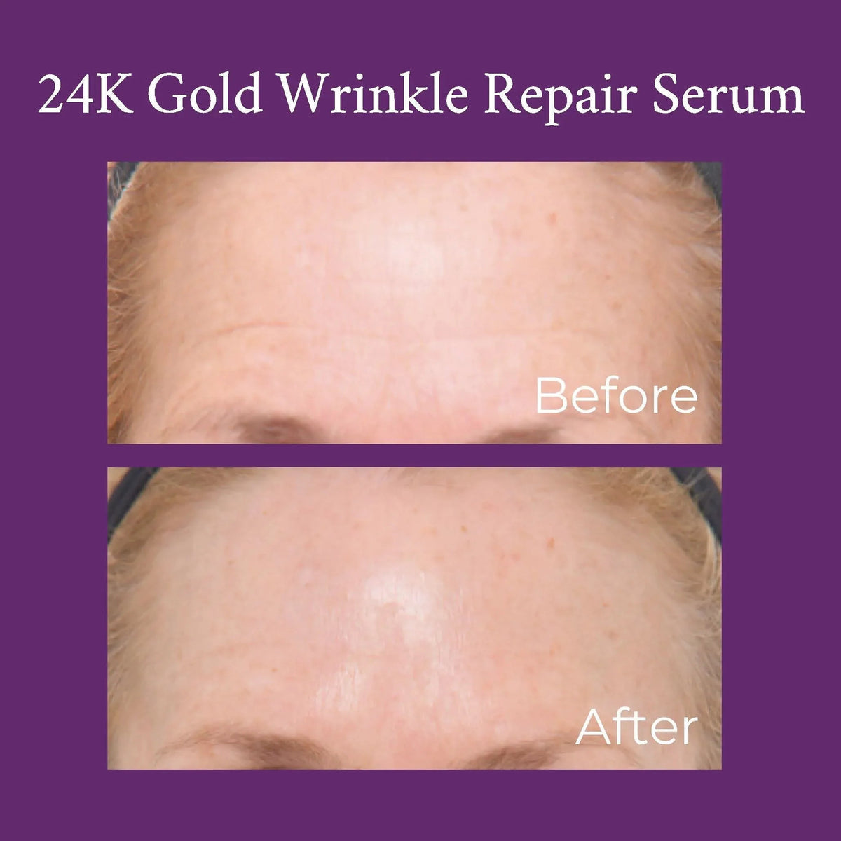 Close-up of 24K Gold Wrinkle Repair Serum bottle highlighting gold label details.