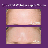 Close-up of 24K Gold Wrinkle Repair Serum bottle highlighting gold label details.