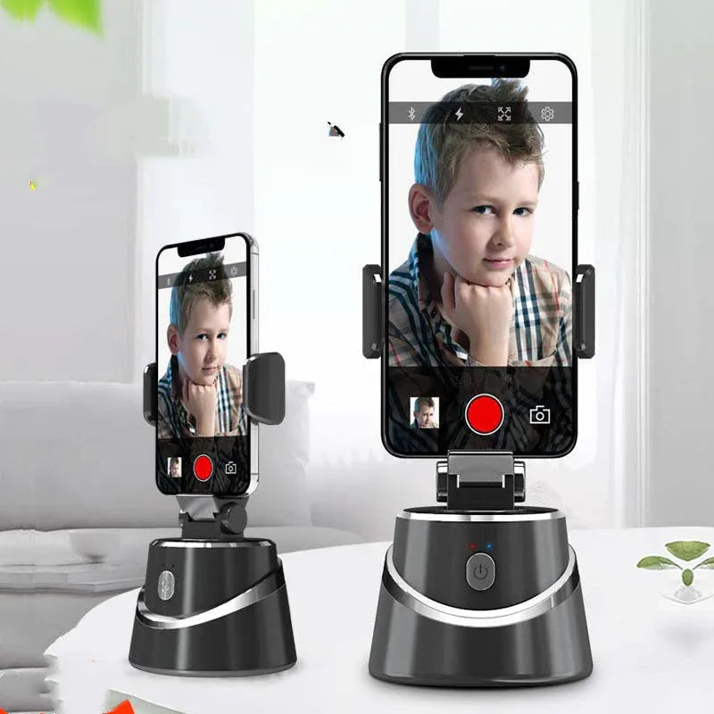 360-degree rotating phone holder mounted on tripod, designed for face and object tracking photography.