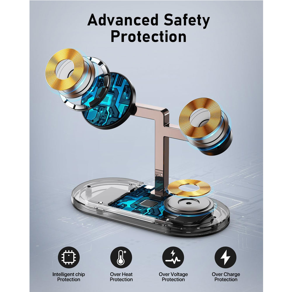 4-in-1 aluminum alloy magnetic wireless charger stand with LED lamp for smartphone, wireless earbuds, and smartwatch