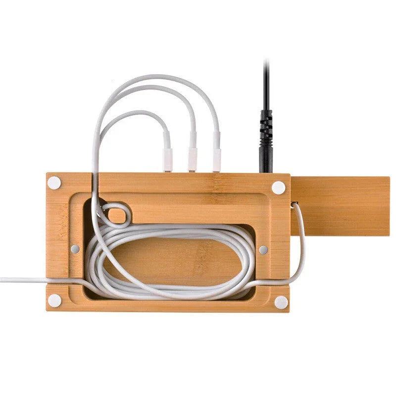 Bamboo multifunctional holder charging an iPhone and Apple Watch simultaneously.