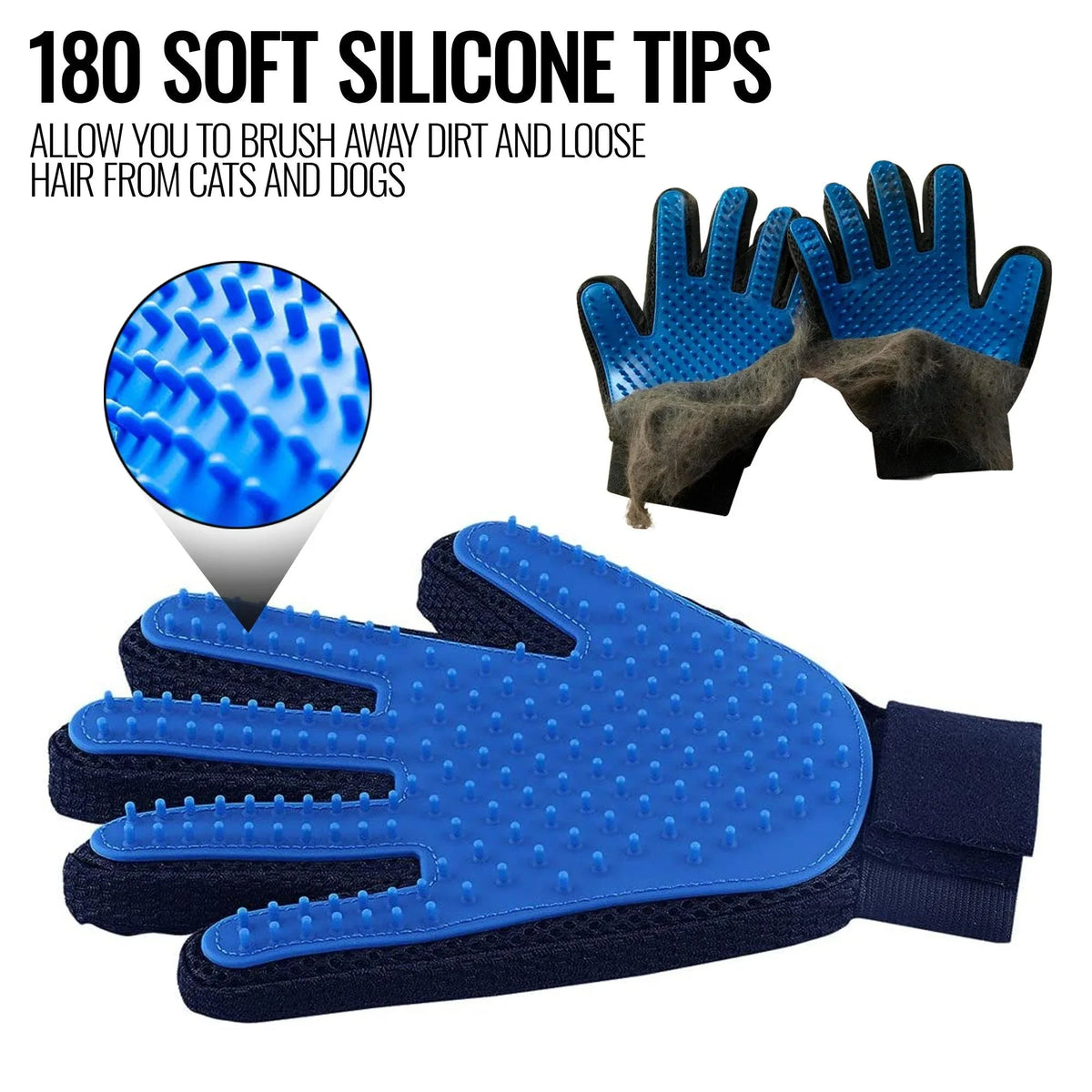 Close-up of pet grooming glove with soft rubber tips for hair removal and gentle massage