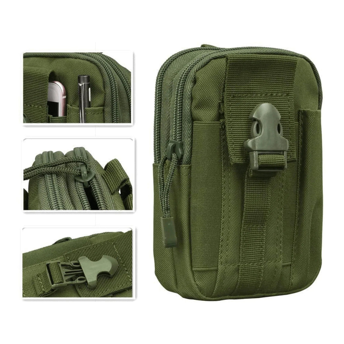 Tactical MOLLE pouch strapped on a camouflage backpack for outdoor use.