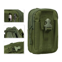 Army green tactical MOLLE waist bag with zipped compartments on a plain white background.
