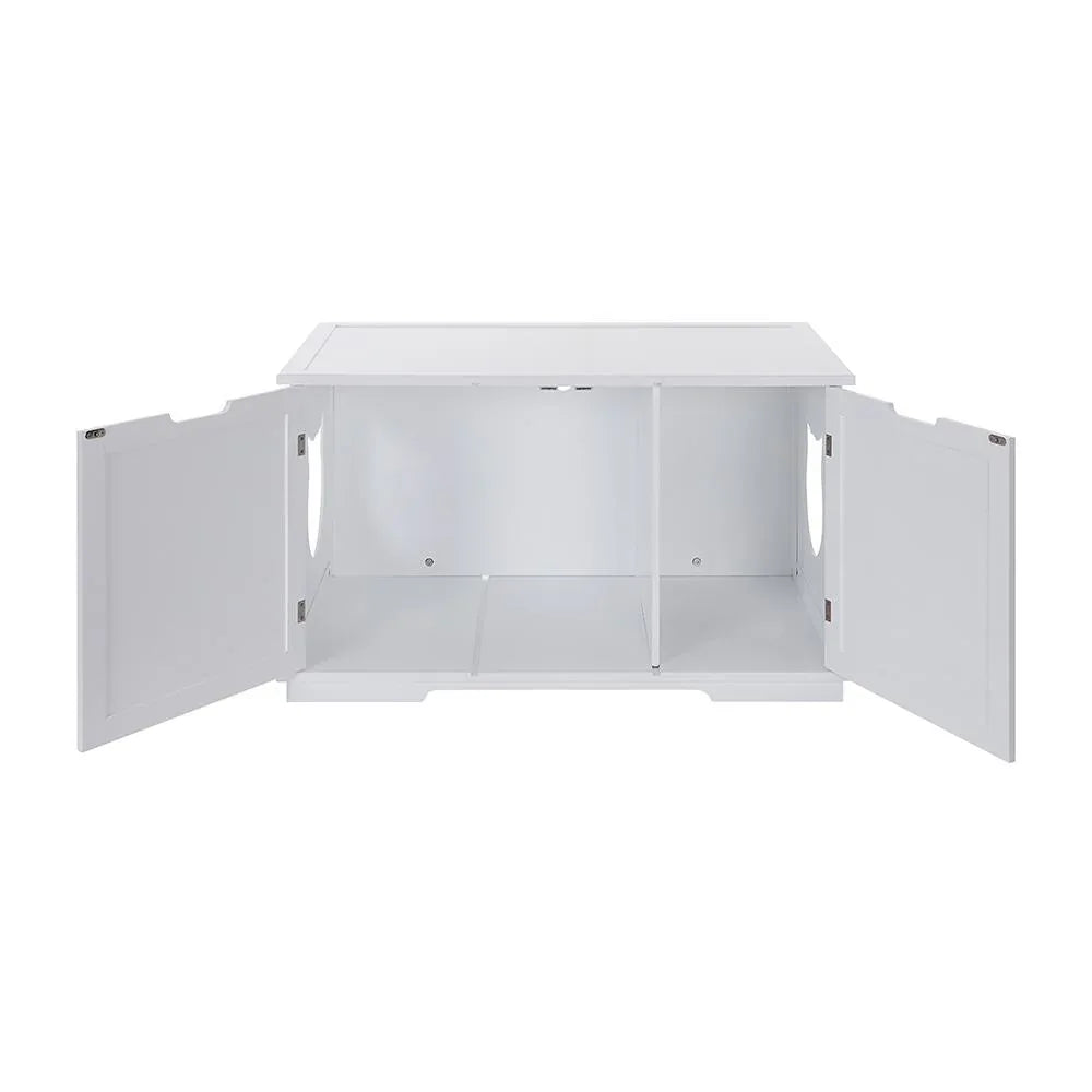 Washroom bench with litter box enclosure shown in a spacious, bright room.