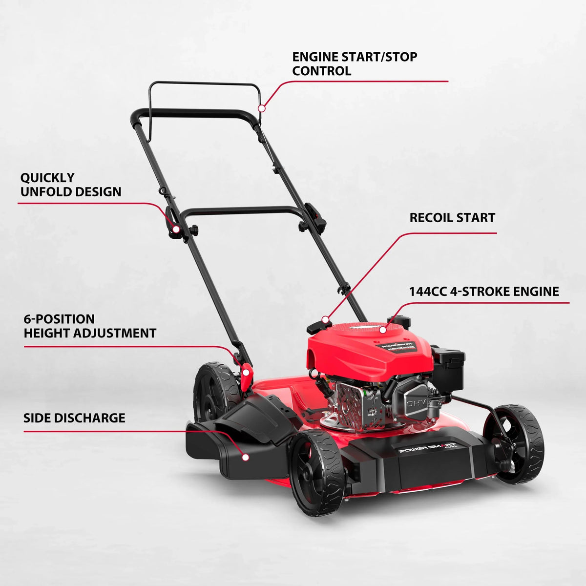 A red gas-powered lawn mower with steel deck, adjustable height, and side-discharge feature on green grass.