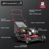 Close-up of the Briggs & Stratton 140cc engine on a gas-powered lawn mower.