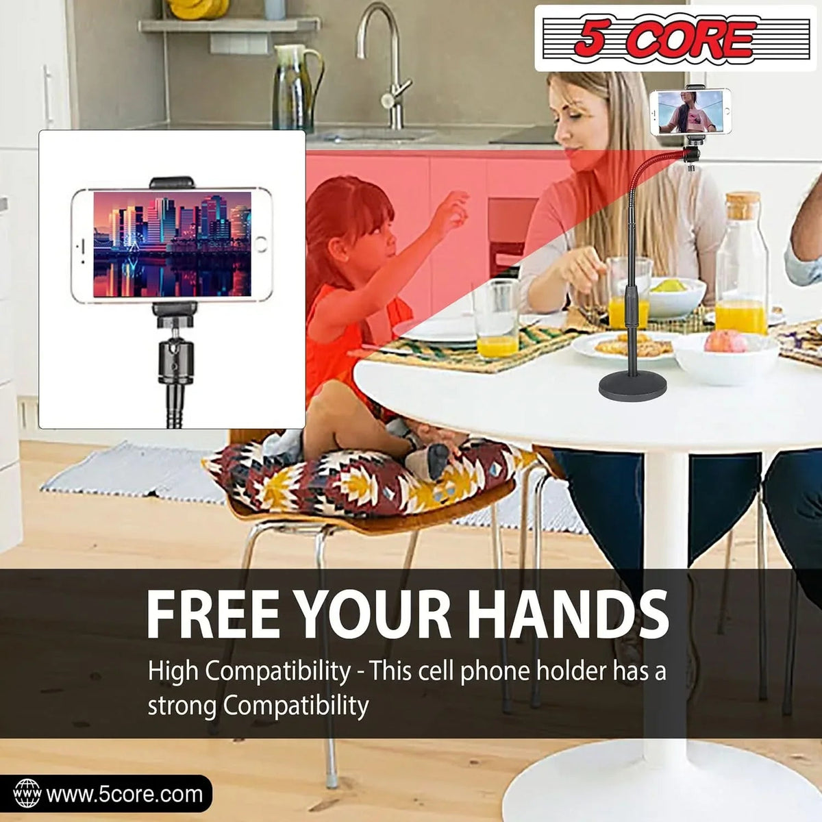 Side view of adjustable phone holder clamp attached to metal scissor arm desk stand.