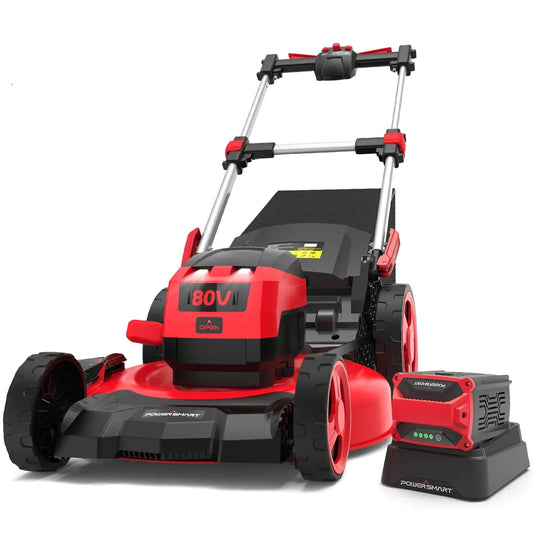 Close-up of lawn mower height adjustment lever and deck size control steps