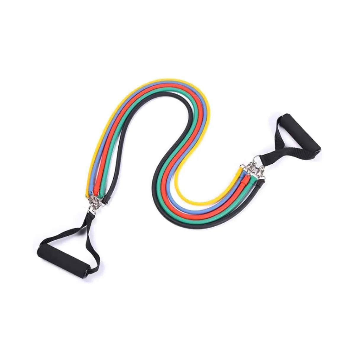A set of colorful resistance bands with handles, door anchor, and ankle straps laid out on a white background.