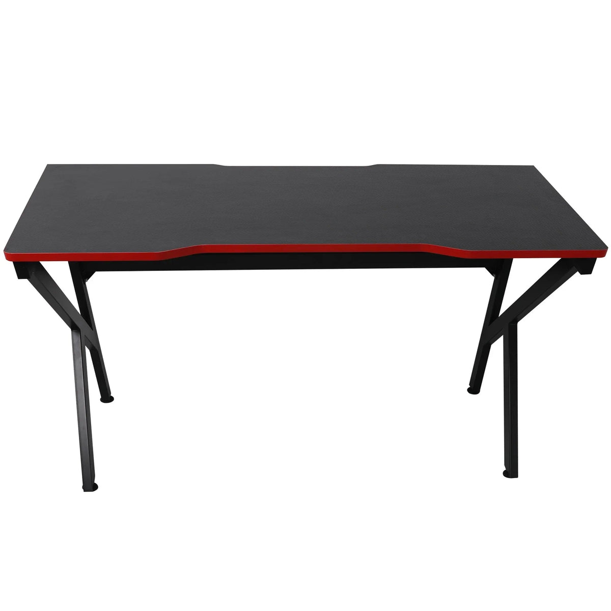 Close-up of gaming desk's carbon fiber textured surface and rounded edges.