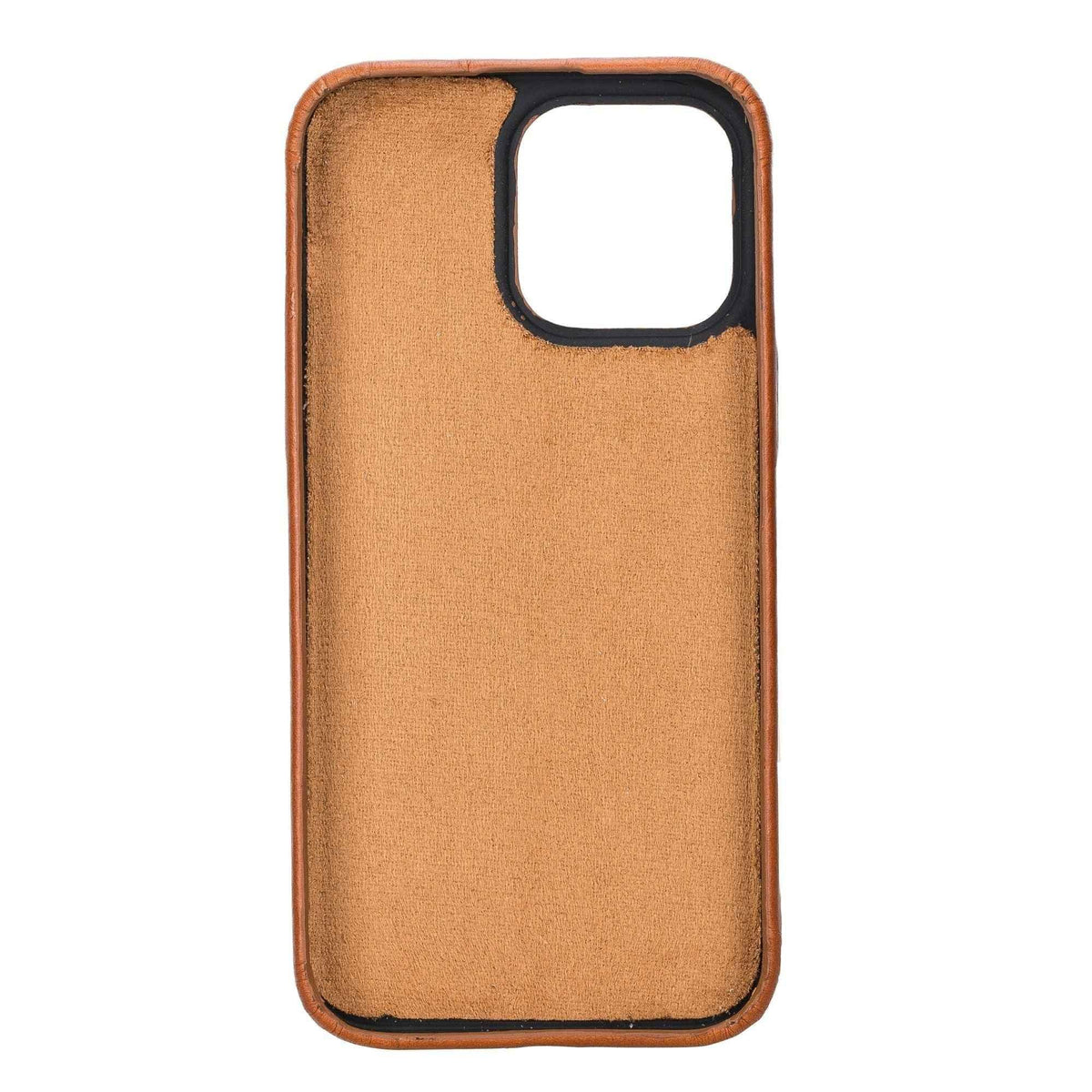 Brown genuine leather snap-on iPhone 12 case showing smooth textured outer surface