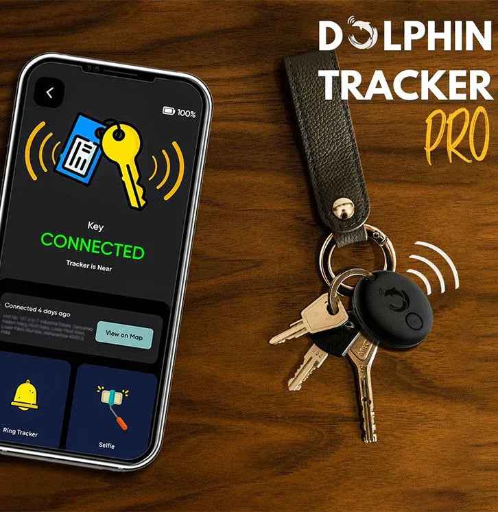 Dolphin Pro keychain tracker next to keys on a white surface