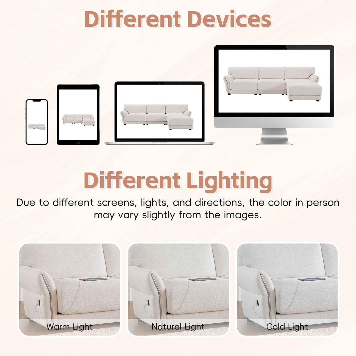 Large white L-shaped sectional sofa with extra-wide seat cushions and built-in USB charging port, seats four.