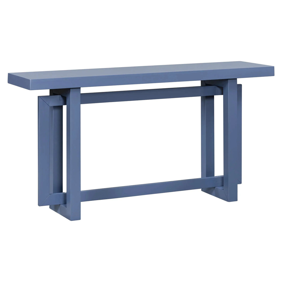 Navy blue console table placed against white wall showing its length and slim design.