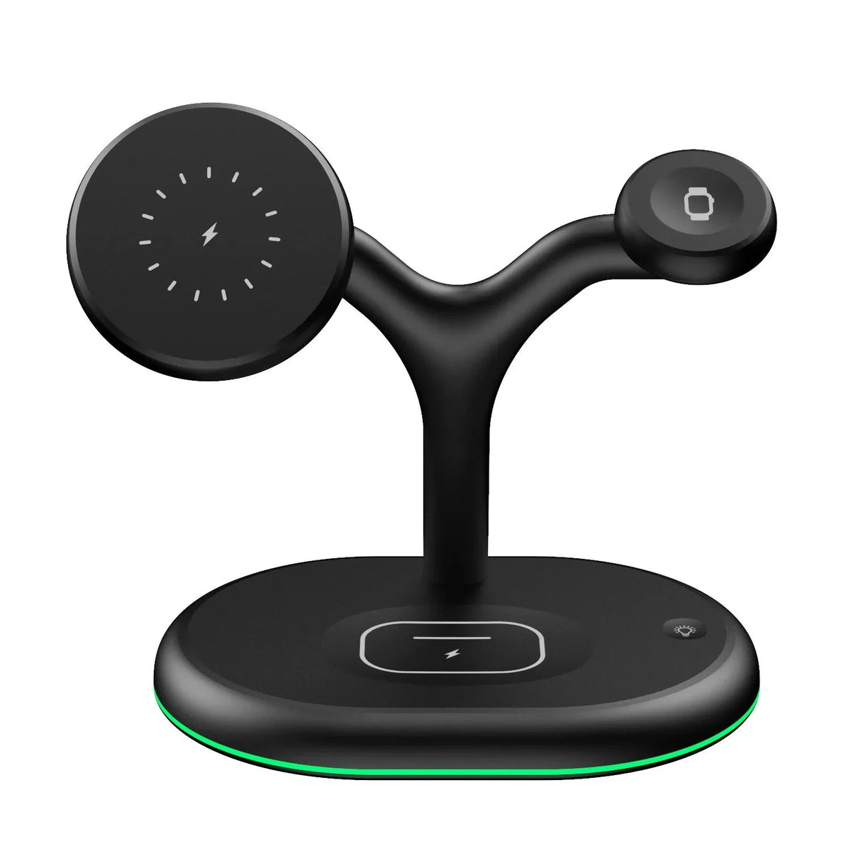 Wireless charger connected to a charging cable displayed on a clean surface with user manual beside it.