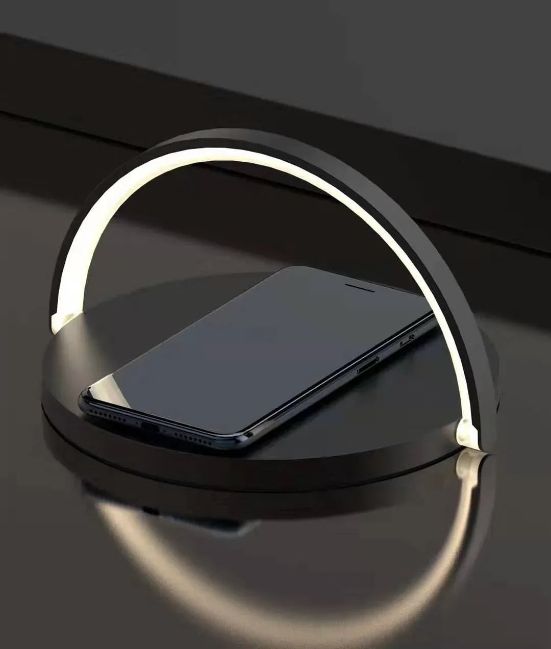 White 10W wireless charger block holder mounted on a desk with a smartphone placed on it.