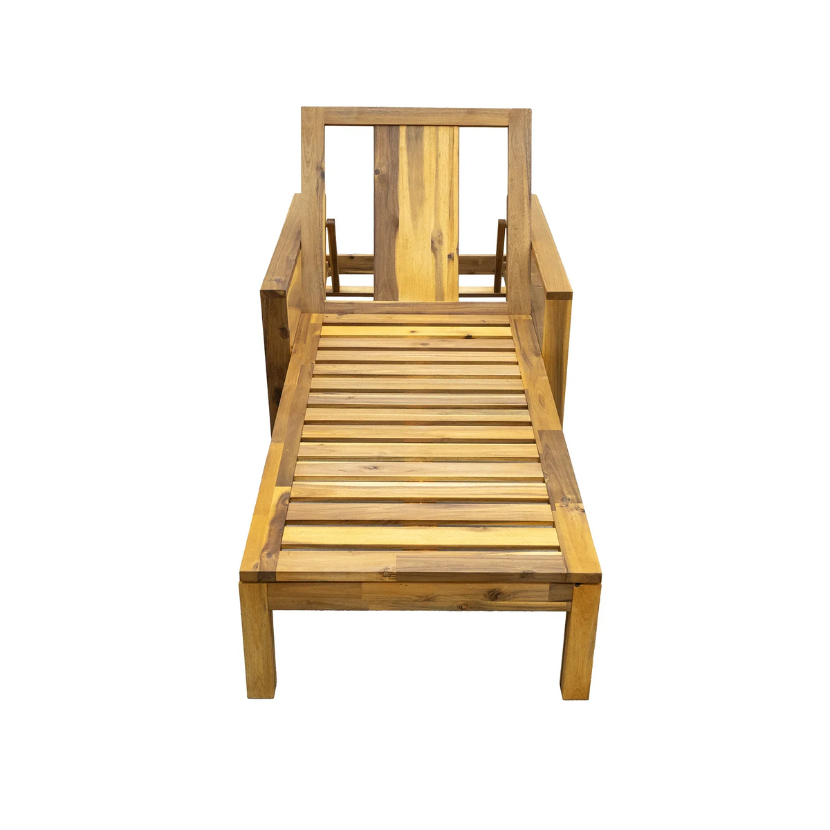 Top-down view of outdoor lounge chair displaying blue cushion and wood frame structure.