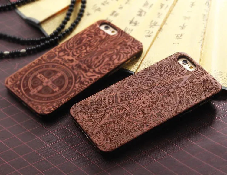 Close-up of the Aztec Calendar pattern engraved on the wooden iPhone case.