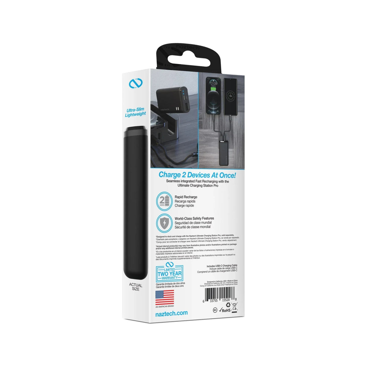 Naztech 4000mAh power bank connected to multiple devices on a white surface