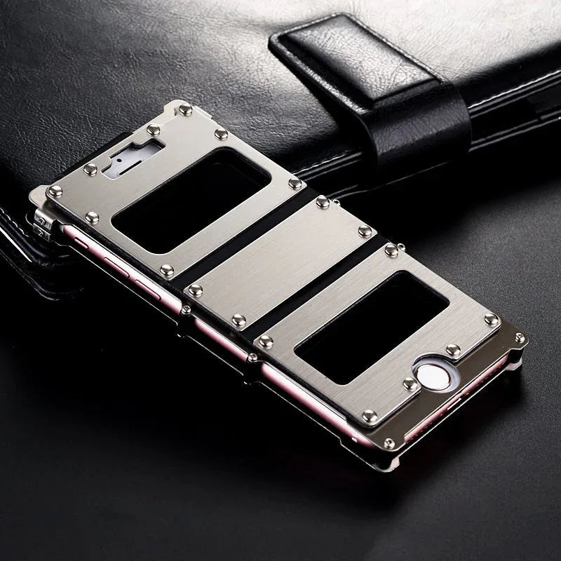 Steel Armour iPhone Case II displayed in black on a wooden surface with iPhone inside