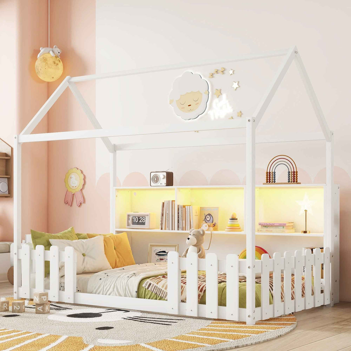 Twin Size House Bed with LED Light, Wood House Bed with Storage