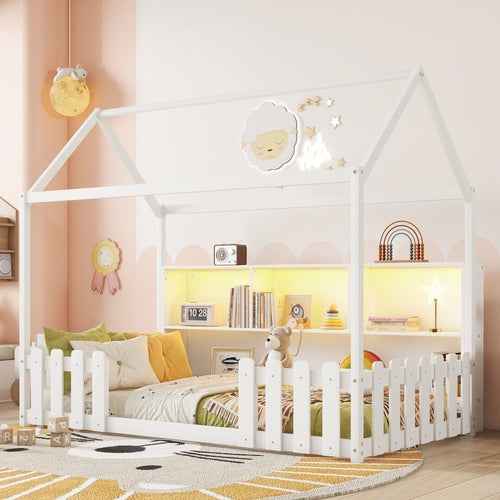 Twin Size House Bed with LED Light, Wood House Bed with Storage