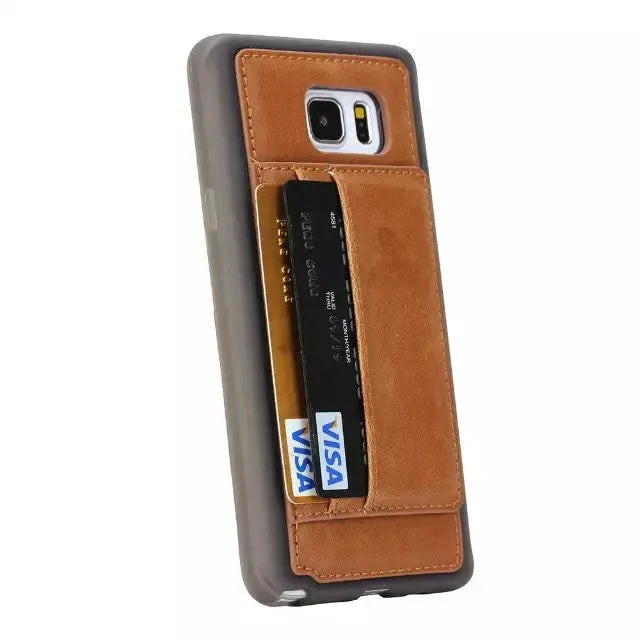 Samsung card phone case used as a phone stand displaying Samsung phone screen