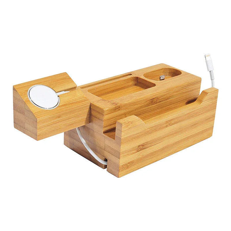 Top view of bamboo charging dock showing cutouts for Apple Watch charger, iPhone, and AirPods.