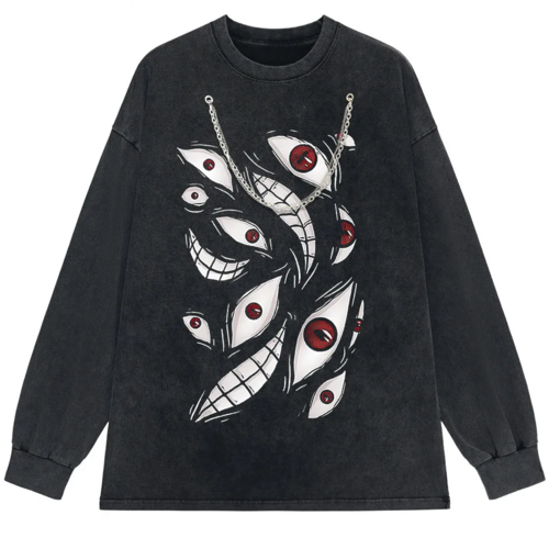 Harajuku Anime Eyes Graphic Washed T-Shirt Men Streetwear Cotton Tee
