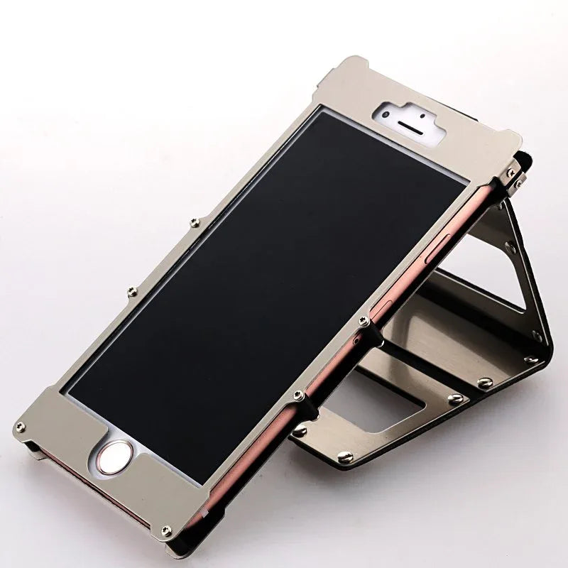Silver Steel Armour iPhone Case II on iPhone with screen facing up showing precise button cutouts