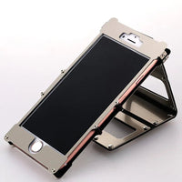 Silver Steel Armour iPhone Case II on iPhone with screen facing up showing precise button cutouts