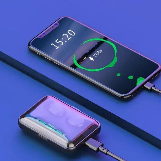 Sleek black Bluetooth earbuds displayed next to their compact charging case.