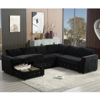 Large black U-shaped sectional sofa with chaise lounge, seating for six, and built-in storage compartment.